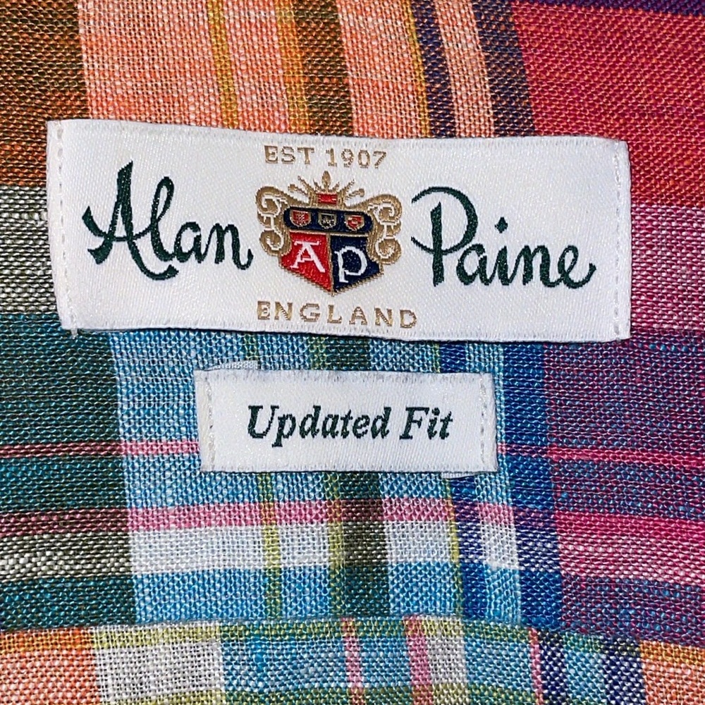 Alan Payne men’s Large 100% Linen multicolor plaid long sleeve shirt. EUC - Picture 6 of 8